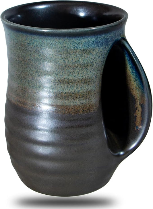 Hand Warmer Mug,16 Ounce Large Hand Warming Mugs Ceramic Gift for Coffee Tea Handmade Pottery Christmas Ceramic with Pocket handl (Right Handed,Brown)
