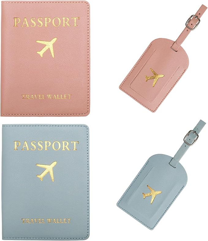 2 Sets Passport Covers Holder and Luggage Tags Set, Leather Travel Luggage Tags Gift for Bridal Shower, Wedding Engagement, Couple Honeymoon Travel(Pink&Blue)