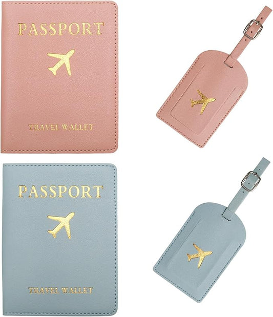 2 Sets Passport Covers Holder and Luggage Tags Set, Leather Travel Luggage Tags Gift for Bridal Shower, Wedding Engagement, Couple Honeymoon Travel(Pink&Blue)