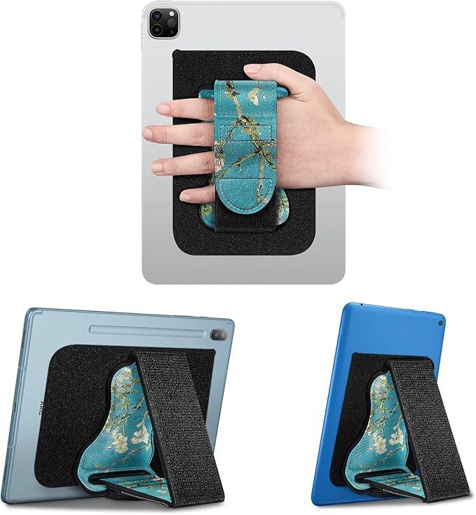 Fintie Universal Tablet Hand Strap Holder - [Dual Stand Supports] Detachable Padded Hook & Loop Fastening Handle Grip with Adhesive Patch for iPad/Galaxy Tab and All 7-11" Tablets, Blossom
