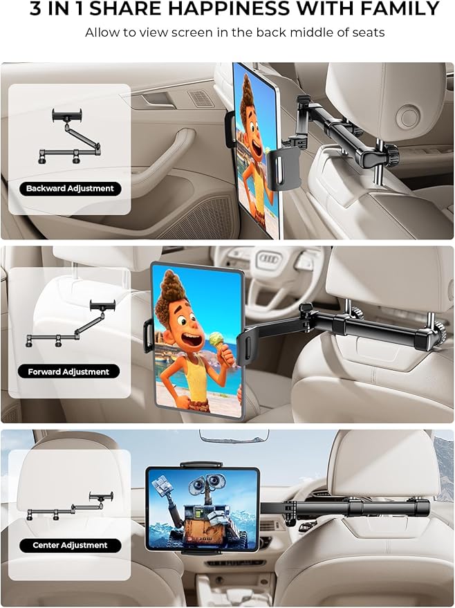 Tryone Headrest Tablet Holder for Car Accessories : [18.11-inch Long Arm] 3-in-1 Backseat Tablet Holder for Kids Road Trip Compatible with iPad Switch Smartphones & Tablets or Other 4.7-13" Devices