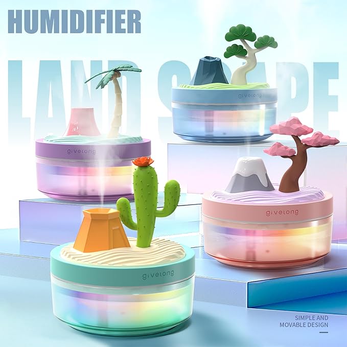 Mini Desk Humidifier with Cactus Landscape Decoration, Colorful Light, 320ml Capacity, Cool Mist, USB Powered. Perfect for Bedroom, Office & Car