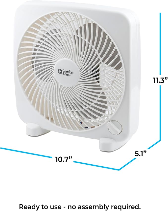 Comfort Zone Box Fan, 9 inch Portable Desk fan, Quiet 3 Speed Mini Fan for Bedroom, Electric Bedside Table Fan, White