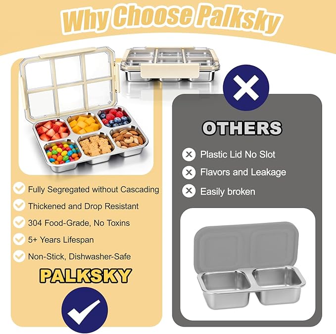 Palksky Snack Box Stainless Steel 6 Compartment, Reusable Snack Containers with Lids, Portion Control Snack Boxes for Adults, Ideal for Office Desk, Travel, Picnic & Fitness, 1 Packs