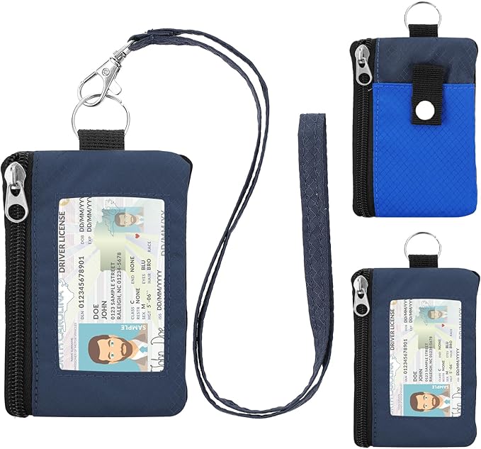 Minimalist RFID Wallet with Lanyard, Multi-Functional ID Case with 2 Zipper Pockets and Key Chain for Men and Women, Tactical Badge Pouch Cards Holder, Coin Purse for Travel Sports-DarkBlue