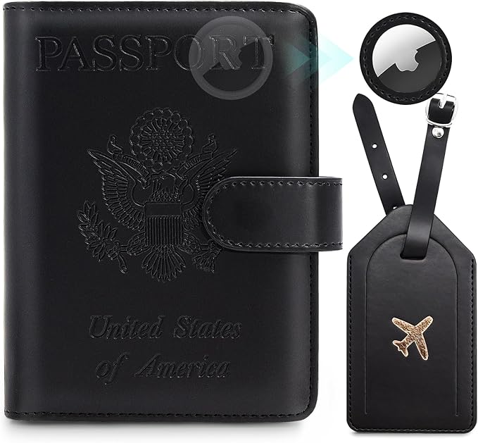 Passport Holder For Travel with Slot for AirTag & Luggage Tag Cover – RFID Blocking Travel Passport Wallet for Women/Men/Family | PU Leather Passport Case with Extra Money Pocket, Black