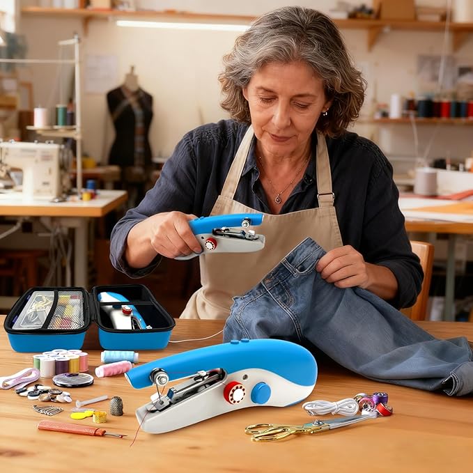 Portable Handheld Sewing Machine with 110 PCS Sewing Kit & Blue Leather Case, Dual-Speed, Built-in Work Light, Dual Power Supply. Perfect for Home & Travel, for Adults & Beginners, for Clothes & Jeans