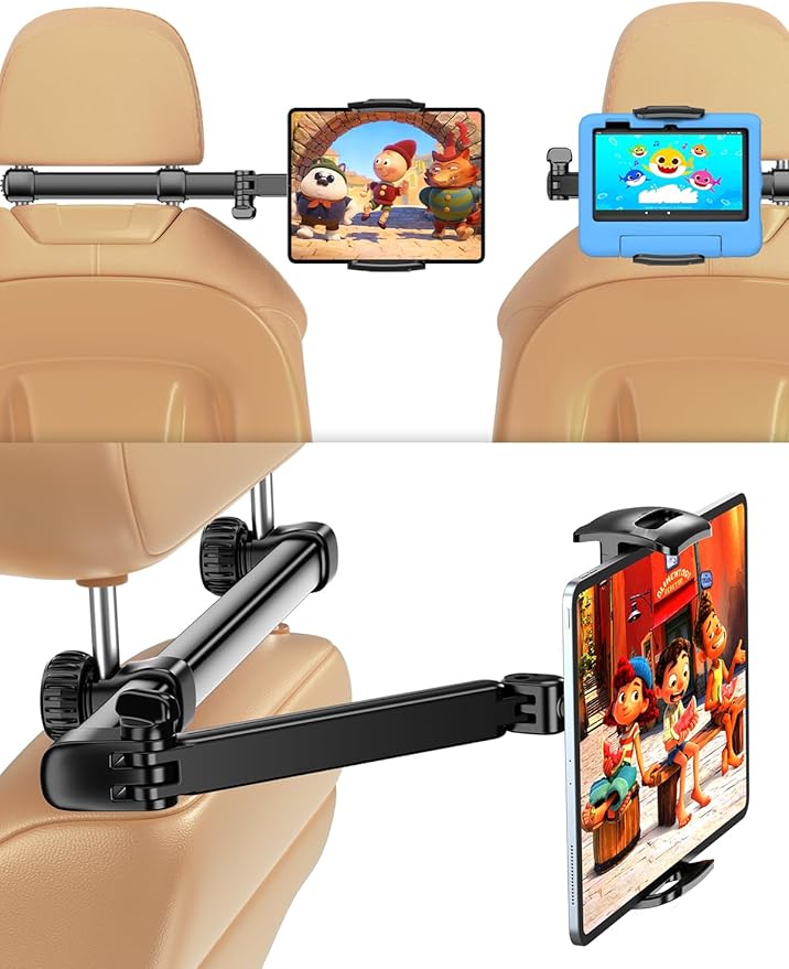 Tryone Headrest Tablet Holder for Car Accessories : [18.11-inch Long Arm] 3-in-1 Backseat Tablet Holder for Kids Road Trip Compatible with iPad Switch Smartphones & Tablets or Other 4.7-13" Devices