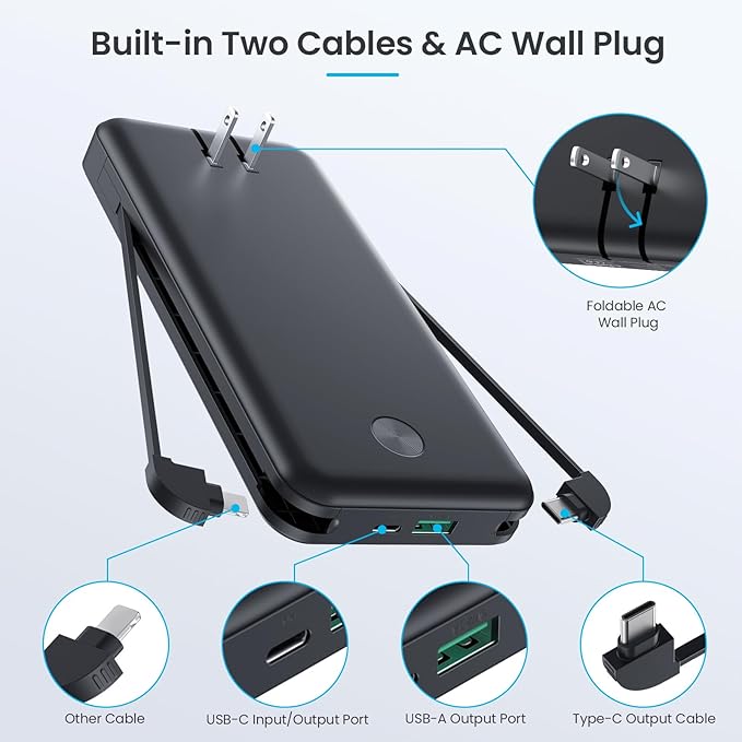 Portable Charger for iPhone with Built-in Cables and Wall Plug,Upgraded 13800mAh Fast Charging USB C Power Bank,4 Outputs Slim Travel Essential Battery Pack for iPhone 17/16/15/14/13,Galaxy,Android