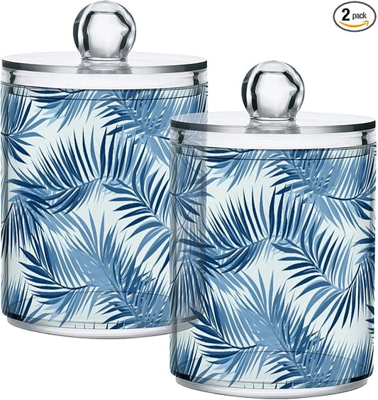 2 Pack Qtip Holder Organizer Dispenser Blue Tropical Leaves Bathroom Storage Canister Cotton Ball Holder Container for Cotton Pads/Swabs/Floss