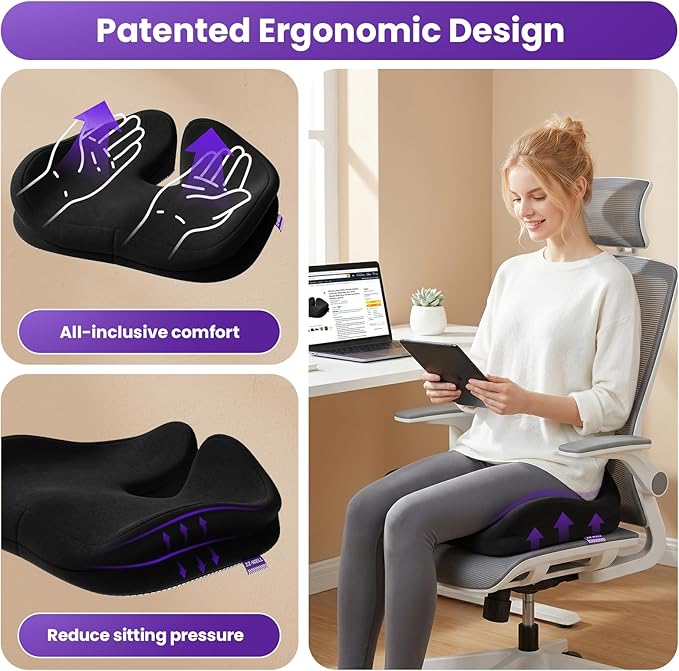 ZZ-WELL Seat Cushions for Office Chairs - Coccyx Cushion for Tailbone Pain - Memory Foam Extra Large Thick Seat Cushion 21.2 Inches, Patented Pressure Relief for Computer Gaming Chair (Black)
