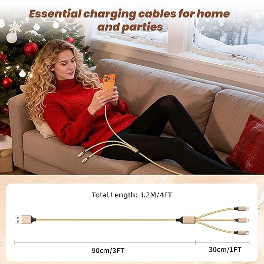 USB Multi Charging Cable for All Devices, Nylon 3 in 1 Multiple Charger Cable Charger with Multiple Connectors, USB A to USB C/Micro/IP USB Cable for iPhone 17-8 Pro Max/Android/iPad, 2Pack 4FT