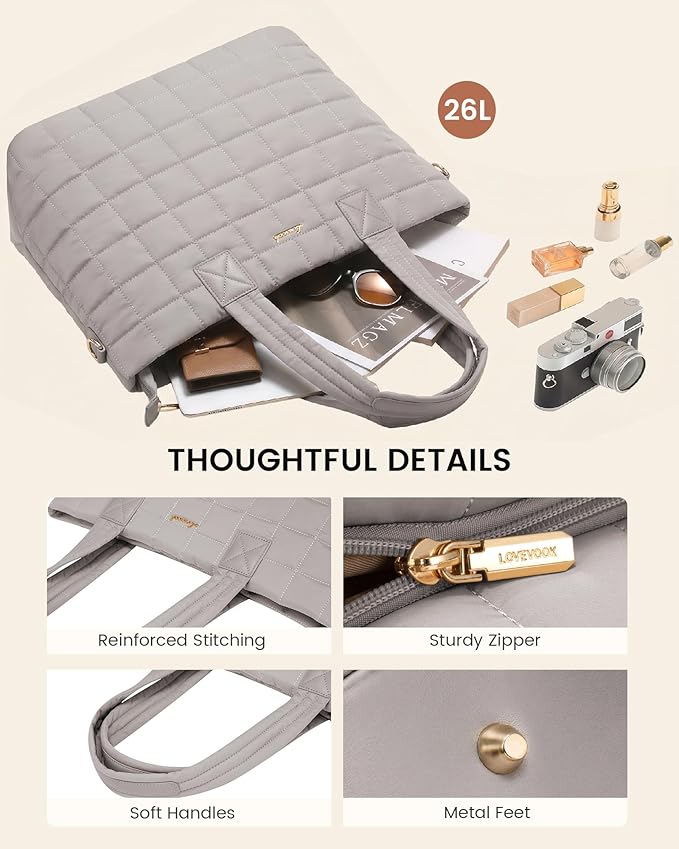 LOVEVOOK Laptop Tote Bag for Women, 15.6 Inch Large Puffer Work Computer Tote Bags for Teacher Nurse, Quilted Women's Purse Tote Shoulder Handbags with Zipper for Travel College Office Gym, Sandy