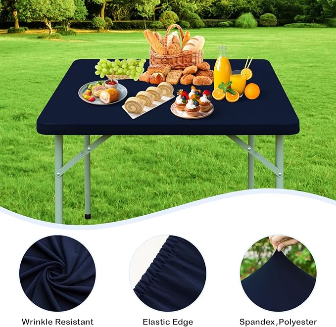 Wolkemer 2 Pack 3 Foot Navy Blue Fitted Tablecloth 36x36 Inch Square Elastic Edges Table Cloth, Spandex Stretch Table Cover with Machine Washable Fabric for Wedding Party Picnic Dining Indoor Outdoor