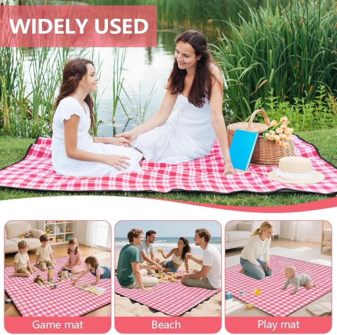 OBTANIM Extra Large Picnic Blanket 80 x 80 Inch Waterproof Foldable Beach Blankets Outdoor Picnic Mat for Camping Grass Lawn Park Music Festival Party Accessories (Red and White)