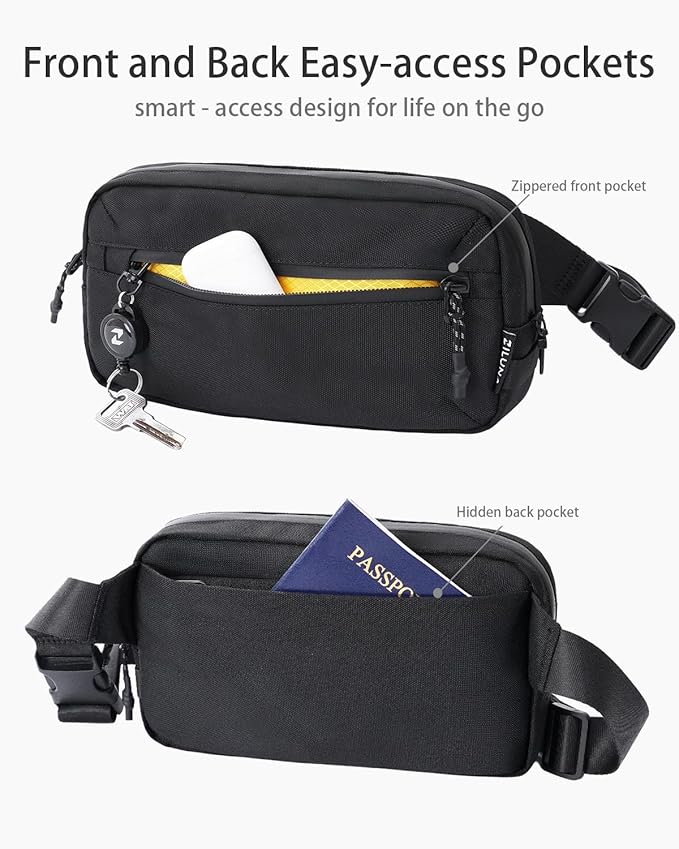 2L Sling Bag for Men & Women - Anti-Theft RFID Blocking Fanny Pack with Lockable Zippers, Water Resistant Lightweight Crossbody Bag for Travel Hiking Running Gym Walking Daily Use(Black)