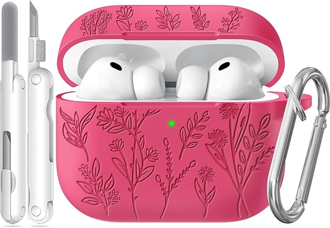 for AirPods Pro 2 Case, Ekoonpft Silicone AirPod Pro Cases with 3-in-1 Cleaning Kit & Keychain, Flower Engraved Cover for Apple AirPods Pro 2nd/1st Generation, Shockproof & Anti-Scratch