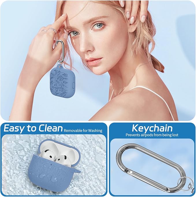 for Airpods 4 Case, Ekoonpft Flower Engraved Cases for Apple AirPods 4th Generation 2024, Soft Silicone Cover for Women Girly with 3-in-1 Cleaning Kit & Keychain, Anti-Scratch, Shockproof
