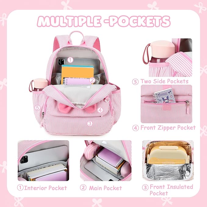 BTOOP Toddler Backpack for Girls 2-4 Preschool Kindergarten Backpacks with Insulated Pocket Cute Kids Daycare Bags School Travel (Pink Bow Stripes)
