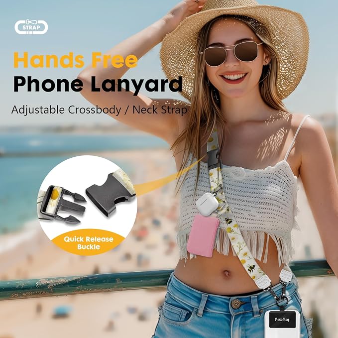 Icycay Phone Lanyard Crossbody, Floral Bee Cell Phone Strap for Around The Neck Adjustable, Flower Teacher Anti Theft Cute Lanyard for ID Holder Keys Accessories Travel Essential