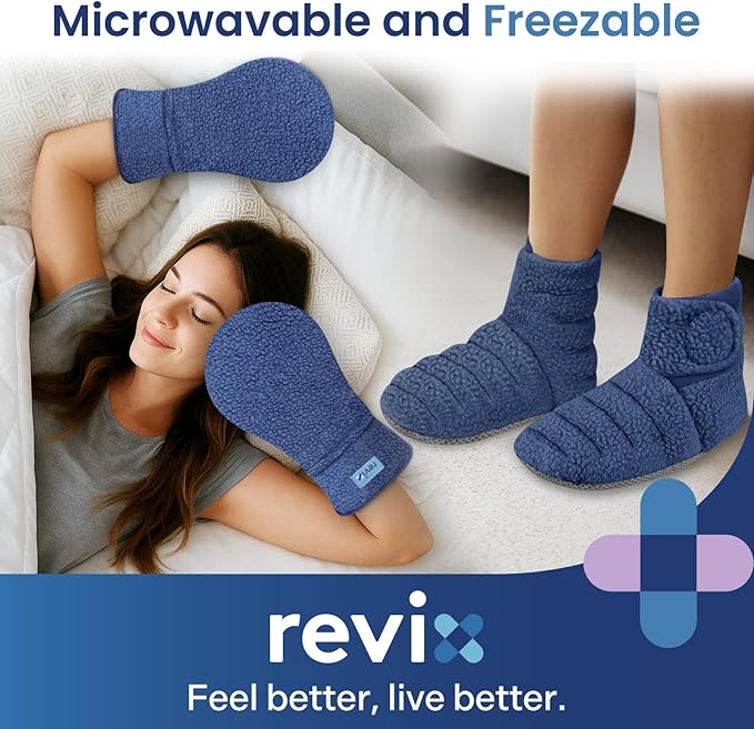 REVIX Microwavable Heating Mittens and Feet Warmers, Hand Warmer Gloves for Women and Men, Microwave Heated Foot Warmer for Fatigue and Discomfort Relief, Cold Feet Reliever, Navy S, Set of 2