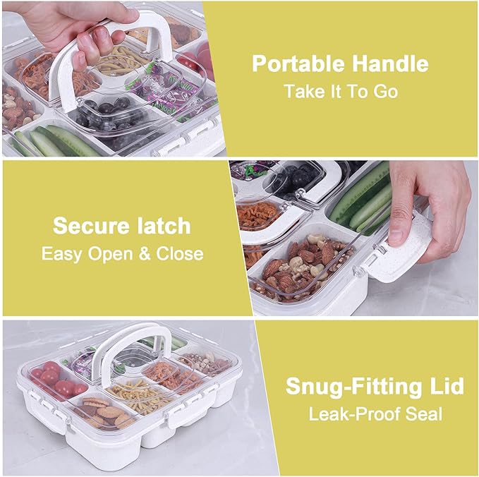 Snackle Box Container, Large 8-Compartment Divided Serving Tray with Lid and Handle, Portable Snack Tray for Travel Party Beach Picnic, Dishwasher Safe, BPA-Free, Wheat Straw