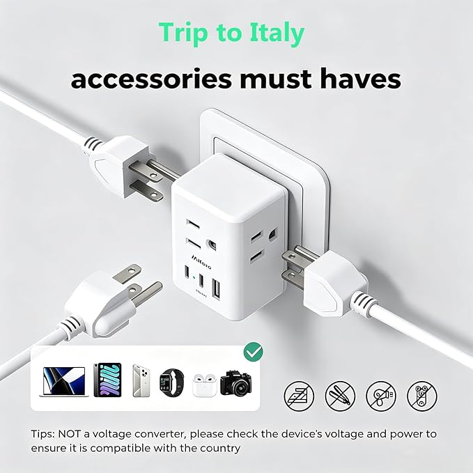 2 Pack Italy Travel Plug Adapter, Type L Power Adapter for Chile, Cuba, Ethiopia, Libya, San Marino, Syria, Uruguay, Vatican City, Travel Essentials