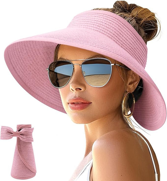 NPJY Sun Hats for Women Wide Brim Roll-Up Beach Ponytail Hat Packable Foldable Travel Straw Visor
