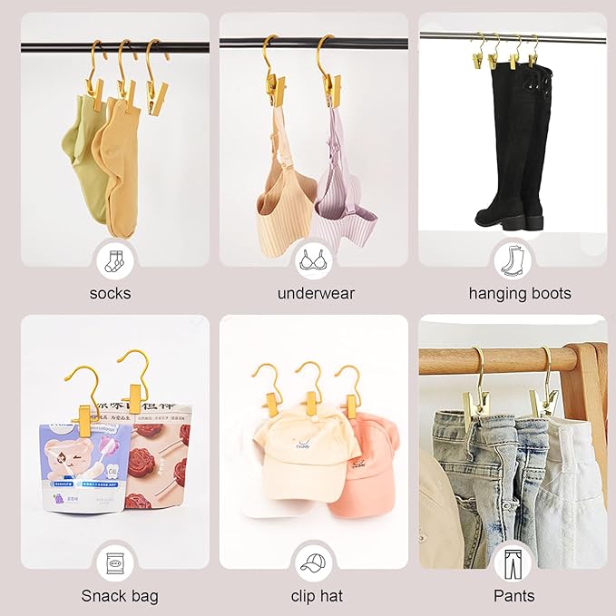 10Pcs Gold Boot Clips for Hanging, Single Clip Hangers, Laundry Hooks, Hat Clips for Hanging, Clothes Clip for Hanging Clothes, Premium Clothes Pins