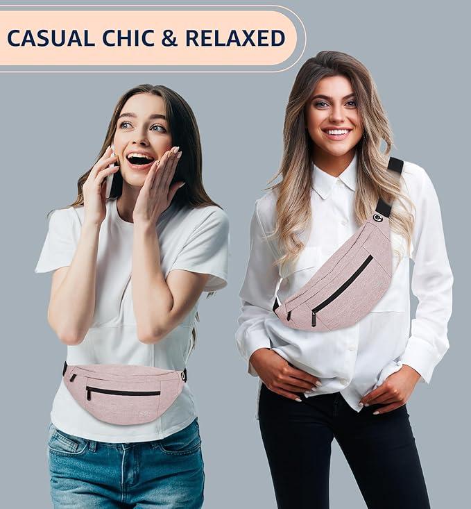 HiRui Large Crossbody Fanny Pack for Men Women Waist Bag Pack with 4-Zipper Pockets Phone Bag Fits All Phones Wallet Keys, Casual Hands-Free Waist Pack for Travel Workout Running (Pink)