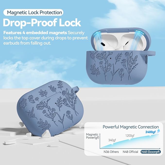 for AirPods Pro 2 Case with Magnetic Lid, Ekoonpft Flower Engraved Silicone Case for Apple AirPods Pro 2nd/1st Generation (2023/2022/2019) Cover with Cleaning Kit & Keychain
