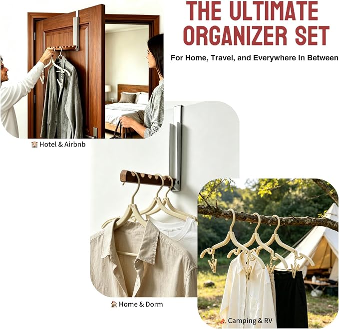 Over The Door Clothes Rack with 6 Hangers for Travel - Sturdy Portable Organizer for Hotels, Dorm, Apartment | Over The Door Storage Hook, No-Drill Folding Clothes Drying Rack