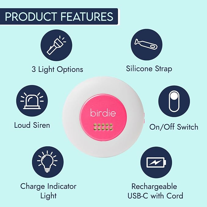She's Birdie - The Original Personal Safety Alarm Disc for Bikes, Hikes, and Late Nights - Loud Siren, LED Light for Extra Visibility, Rechargeable, Handsfree, Lightweight, Water Resistant (Hot Pink)