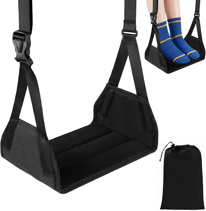 Airplane Foot Rest Hammock, Adjustable Thick Board Foot Support, Portable Travel Footrest for Long Flights, Office Desk & Car Use (Black)