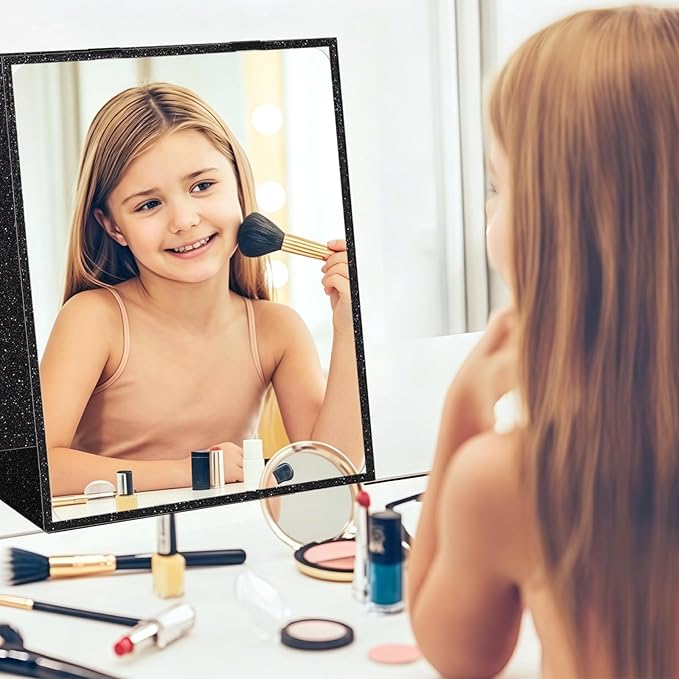 Foldable Full Length Mirror, 2 in 1 Hangable & Tabletop Acrylic Mirror, Portable Travel Mirror with Handle for Dance Bedroom Wardrobe Stage Makeup Checks Camping Outdoor Use (47" x 12.5", Tri-Fold)