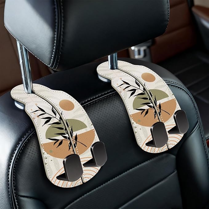 Blusabaca 2PCS Car Seat Back Storage Headrest Hooks, Abstract Boho Leaves Purse Holder Bags Hanger, PU Leather Double Metal Hook Backseat Organizer, Women Car Accessories Organization
