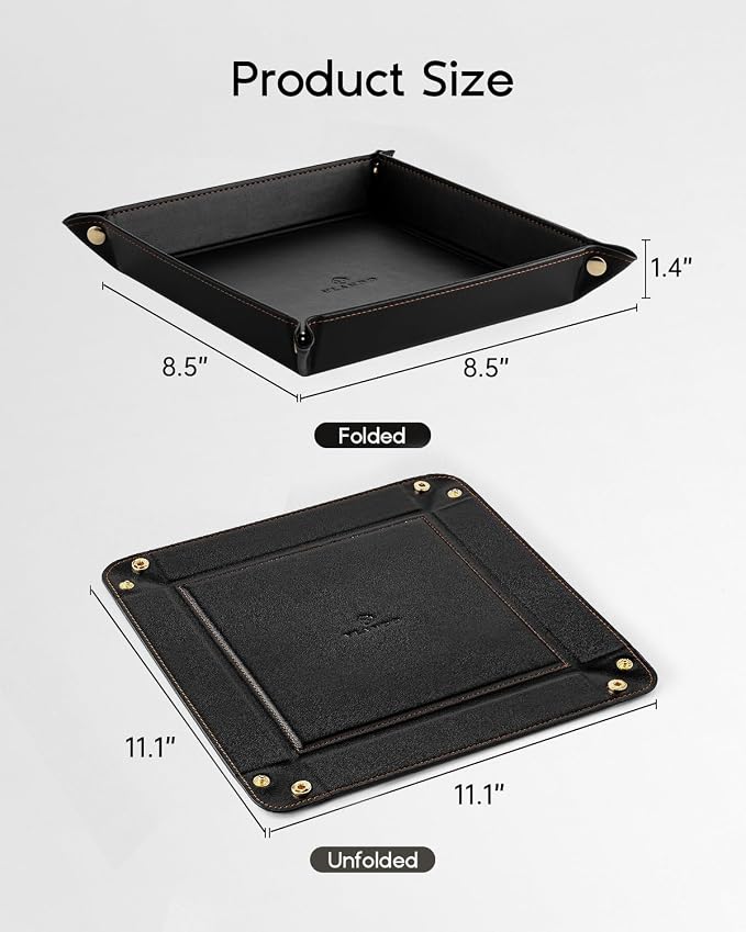 VLANDO Valet Tray Organizer, PU Leather Catchall Tray for Men | Classic valet tray for men with space for keys, wallet, watch, phone, coins and EDC accessories on desk or dresser