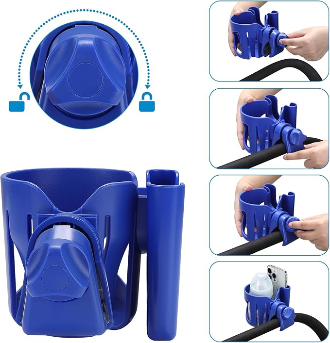 Accmor Stroller Cup Holder with Phone Holder, Universal Cup Holder for Walker Wheelchair Bike, 360° Rotatable Stroller Cup Holder Attachment Accessories for Walker, Wheelchair, Scooter