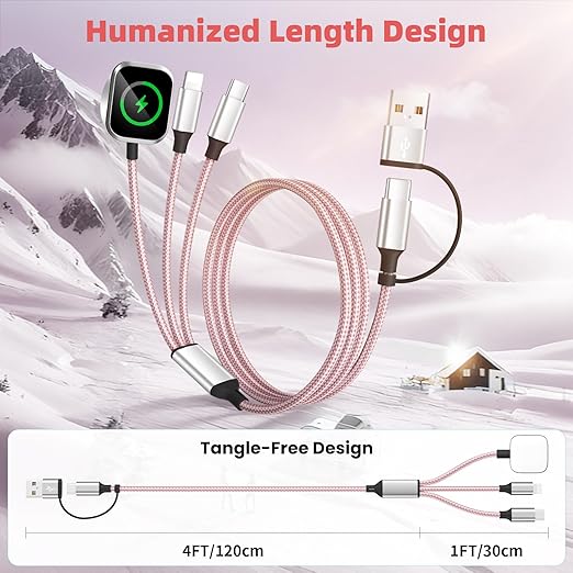 Travel Cruise Essentials,3 in 2 Multi Charging Cable for iWatch Charger/IP/USB C,Pink 2-Pack 5FT Braided USB A/C Cable Designed for Multiple Devices,Car Accessories for iWatch Ultra/SE & iPhone 17-11