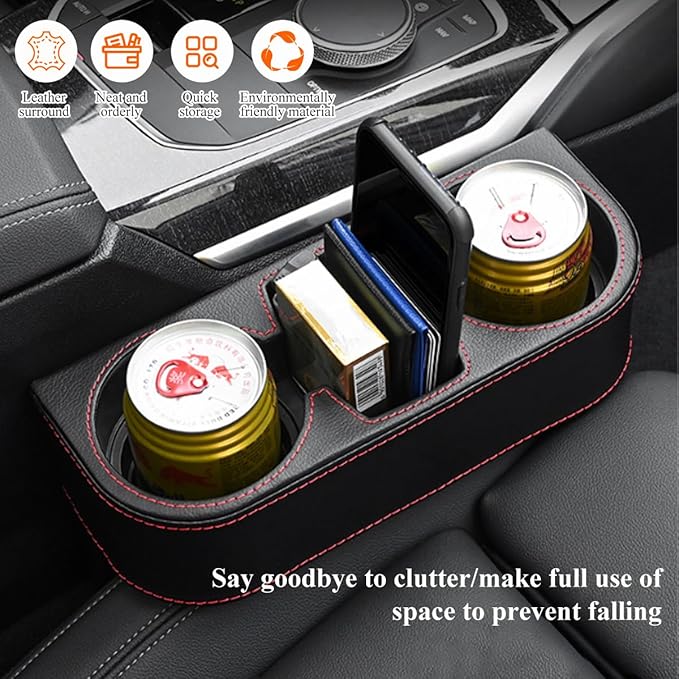 DXNQ Car Cup Holder Gap Filler Organizer, Multifunctional Auto Front Console Gap Filler with Cup Holder, Leather Extra Cup Holder Storage Box for Car Truck SUV, Car Accessories (Beige)