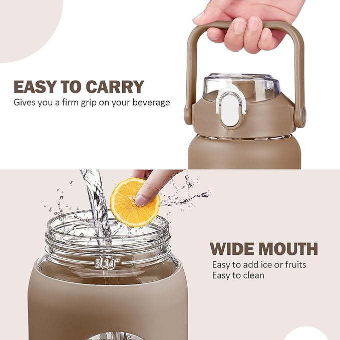 56oz Glass Water Bottles with Straw, Motivational Glass Bottle with Silicone Sleeve and Time Marker, Leakproof Large Glass Water Jug for Gym Home Office,Amber
