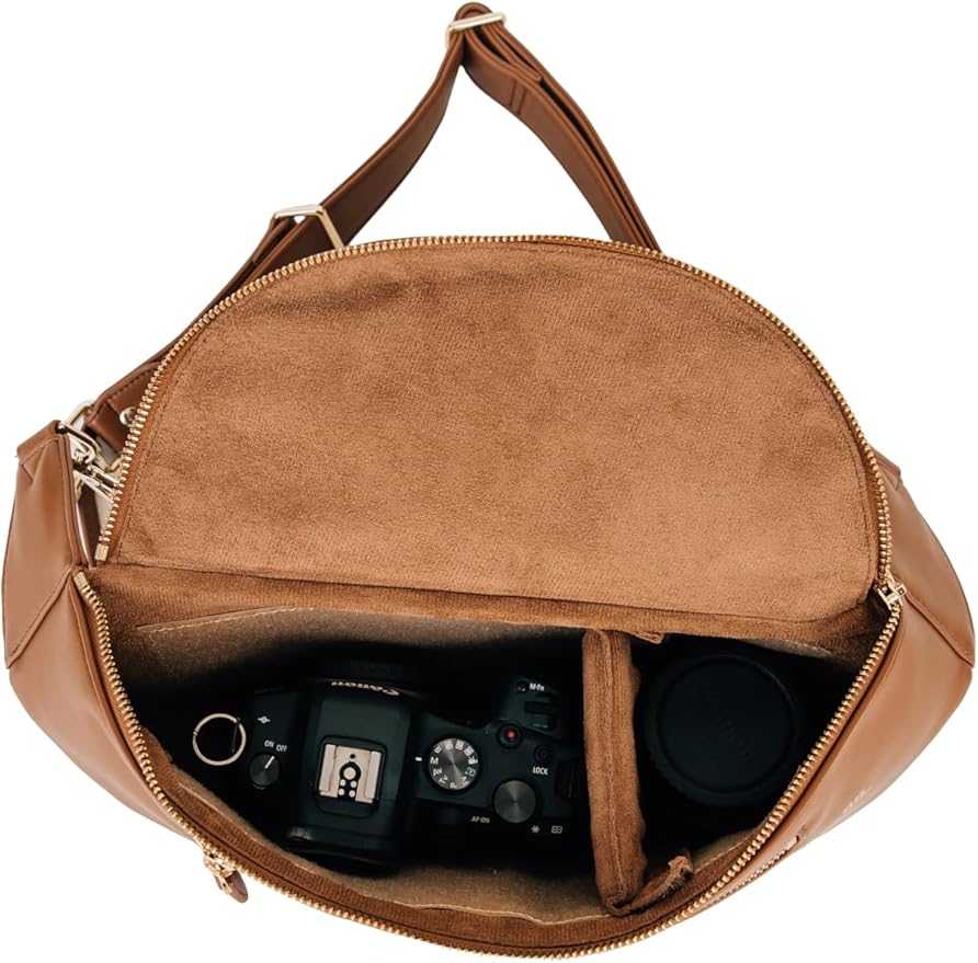 The Sidekick Camera Bag – Compact, Vegan Leather, Hands-Free Crossbody with Protective Suede Interior, Brown