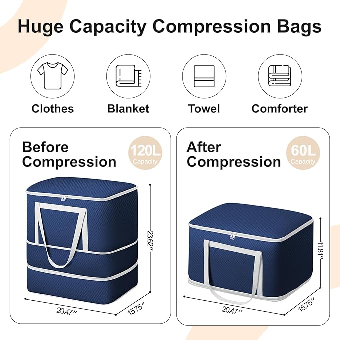 Comforter Storage Bag - 120L Bedding Storage Bags for Moving Closet, Washable Blanket Storage Bag, Ultra Space Saving Self Compression Organizer, 2-Pack, Navy Blue