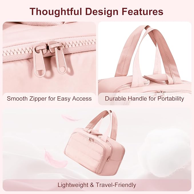 Travel Makeup Bag, Portable Travel Bag with Hanging Hook for Women, Waterproof and Hanging Toiletry Bags Travel Organizer Accessories for Travel Essentials,Pink