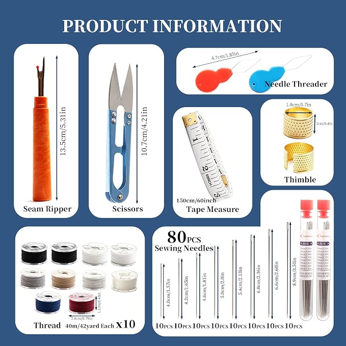 SkySewing 98PCS Large Eye Hand Sewing Needles Kit with Metal Box, Mini Sewing Kit with Threaders, Thimbles, Seam Ripper, Portable Sewing Repair Kit for Adults Beginner Travel Clothing Repair Home Use