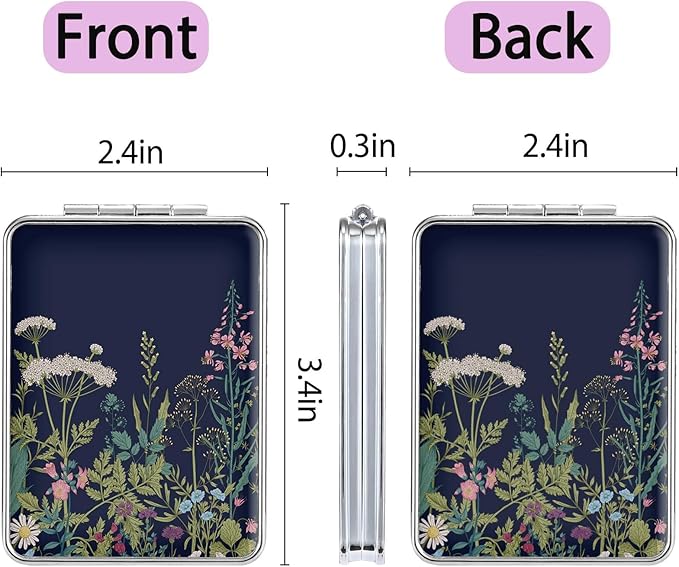 Pocket Mirror, Small Travel Mirror with Magnification, Portable Double-Sided Magnifying Cosmetic Mirror for Daily (White + Black Flowers)