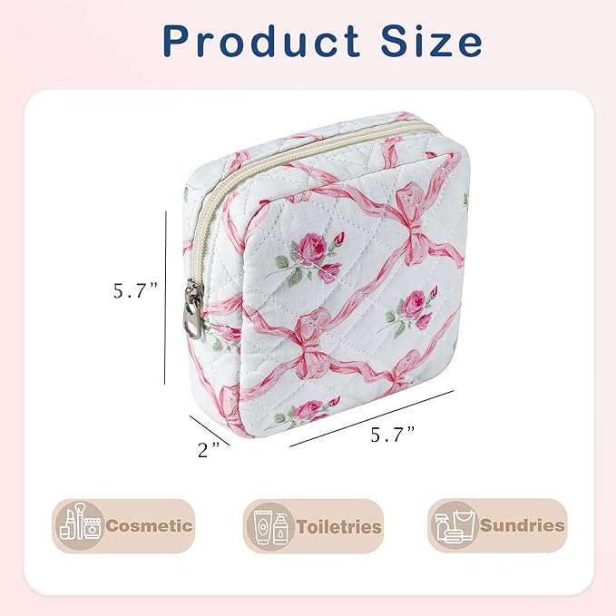 RSRSLEII Small Quilted Cosmetic Pouch for Purse, Mini Cotton Makeup Bag with Compartments, Cute Zipper Lipstick Holder for Women (09Pink Bow)