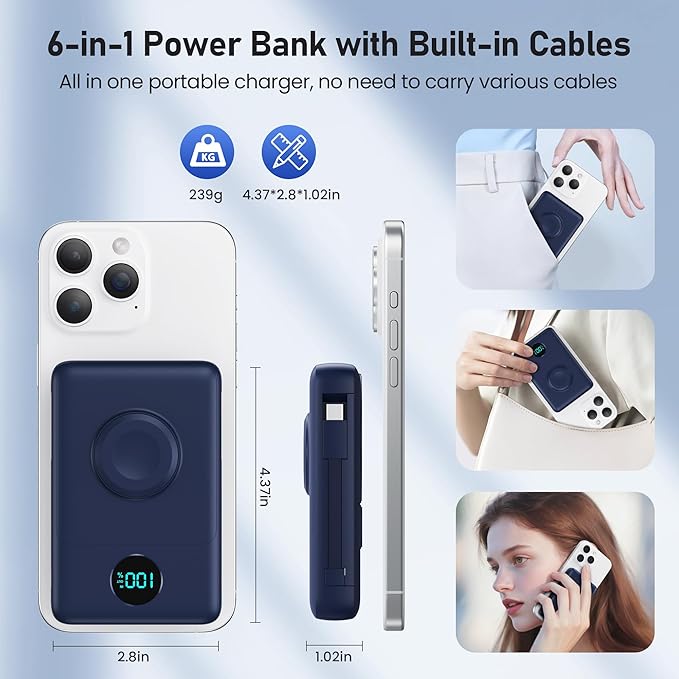 Ekrist Magnetic Portable Charger for MagSafe with Built-in Cable,iWatch Charger,Wireless Power Bank Travel Essentials,25W Fast Charging Battery Pack for iPhone 17/16/15,Apple Watch(Navy,10800mAh)