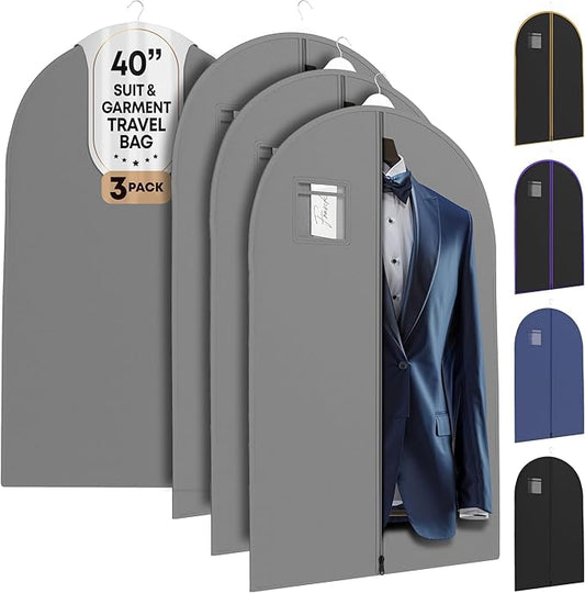 Your Bags Travel Garment Bag – Durable Zippered Single Suit Bag for Storage – Water-Resistant Clothes Cover - Hanging Garment Bags for Travel with ID Pocket – 40" x 24" - Grey (Pack of 3)