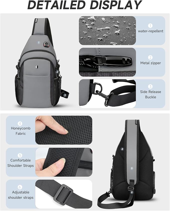 Anti-Theft Sling Bag for Men, Water Resistant lightweight Crossbody Backpack With Side Pocket, Built-in Audio Port, Reversible Strap, Travel Hiking Chest Pack Fits 11 inch iPad & Switch 2